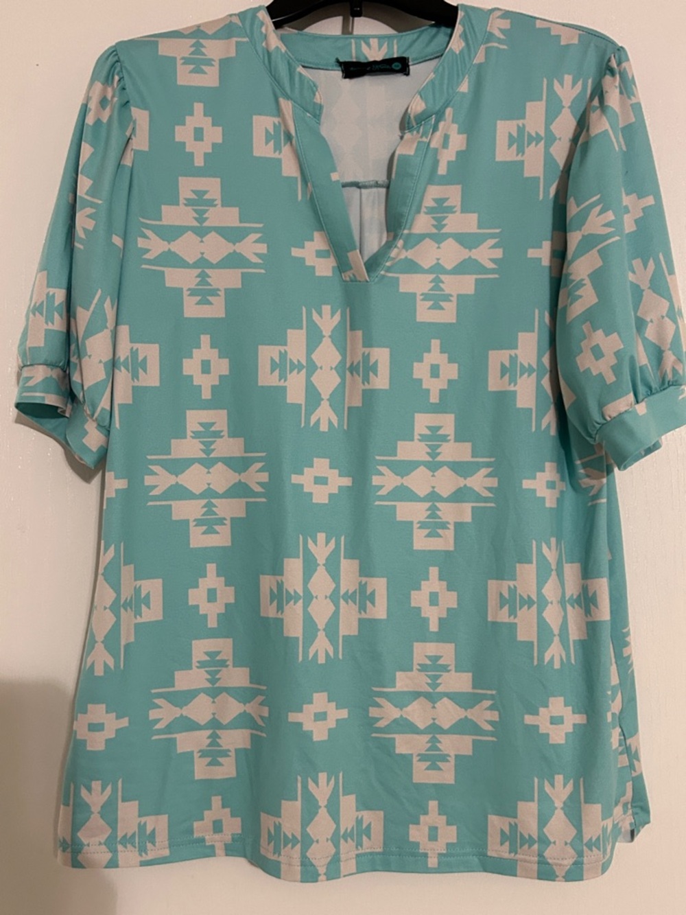 Mint Aztec-Print Short Sleeve V-Notch Blouse